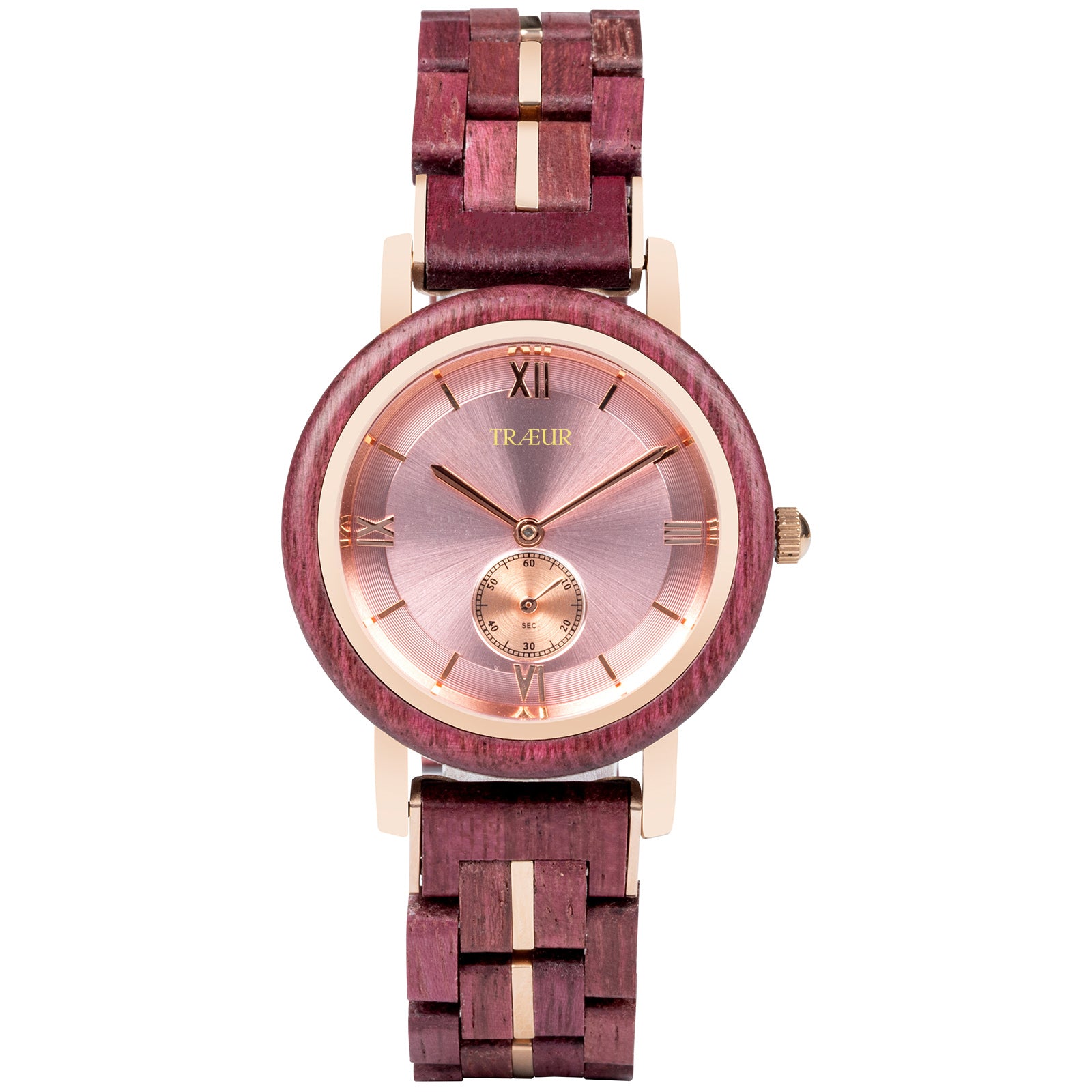 Close-up of purple wooden wristwatch with rose gold accents and Roman numeral dial by TRÆUR