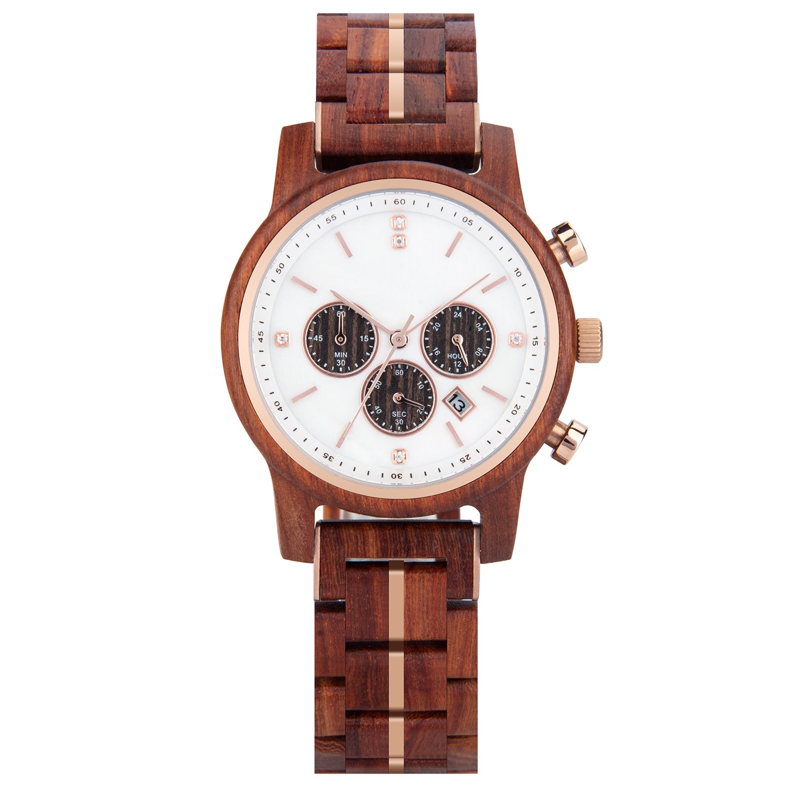 Elegant wooden wristwatch with white dial, three subdials, rose gold accents, and date display