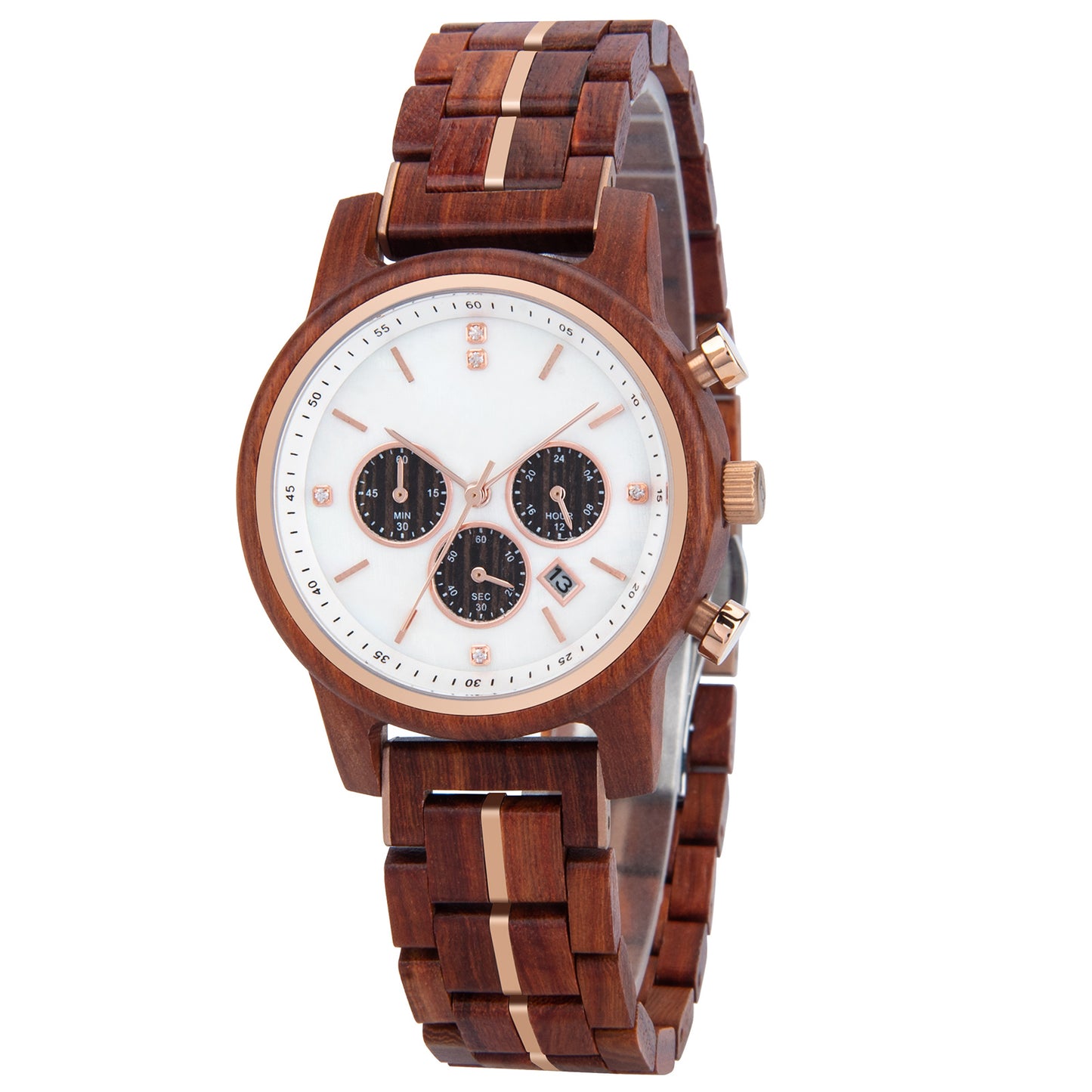 Wooden wristwatch with white dial, rose gold accents, chronograph subdials, and date display