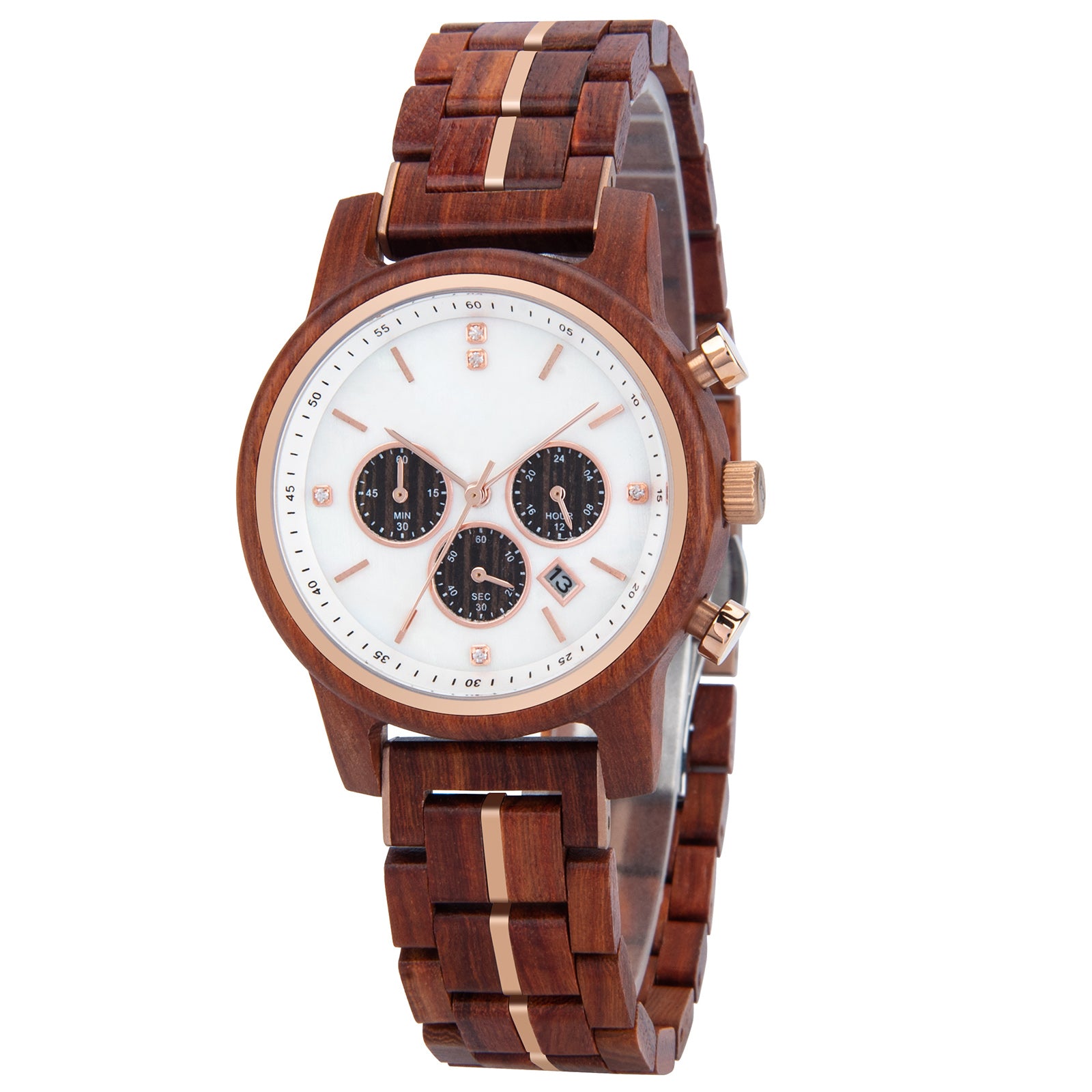 Wooden wristwatch with white dial, rose gold accents, chronograph subdials, and date display