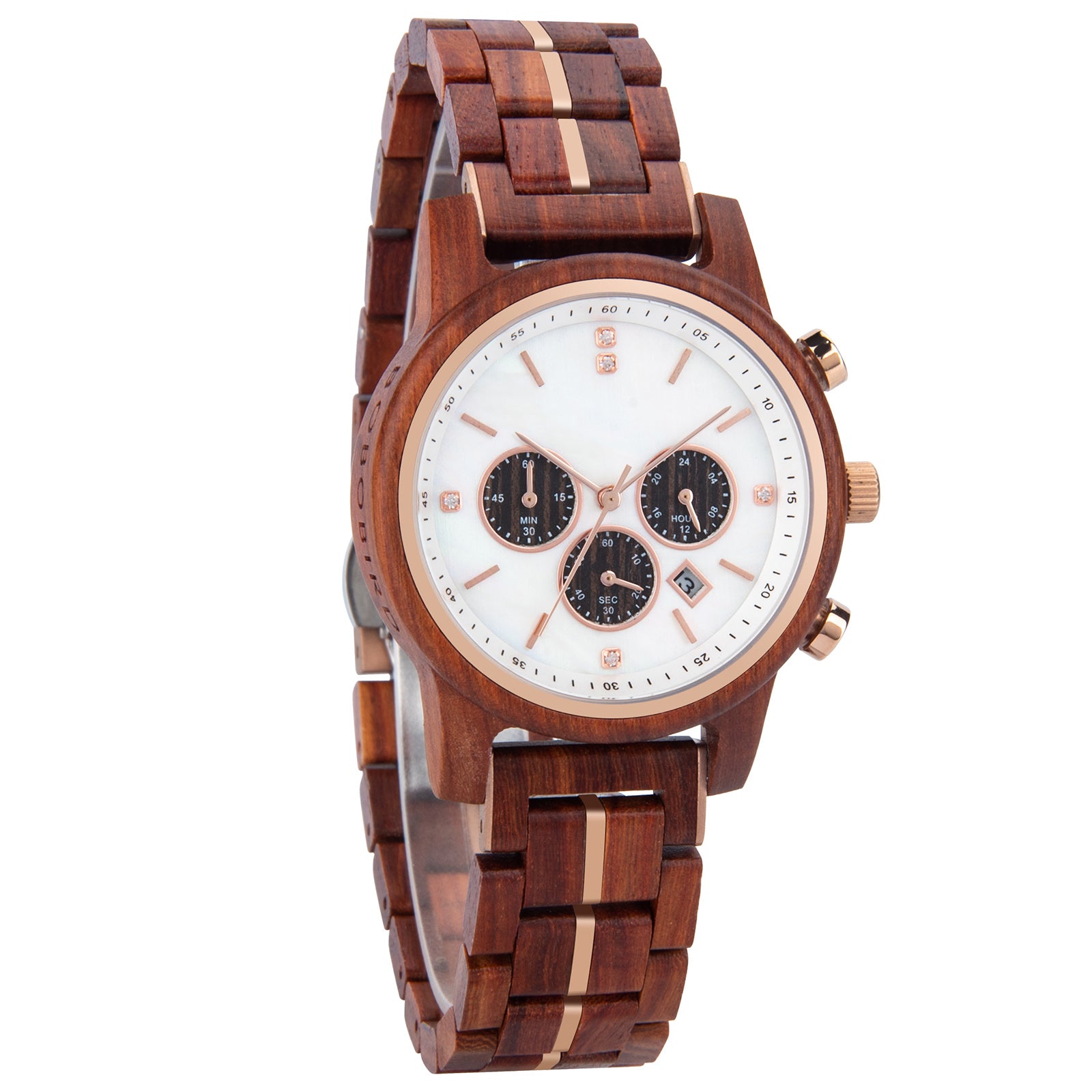 Wooden wristwatch with rose gold accents, white dial, chronograph subdials, and stone hour markers