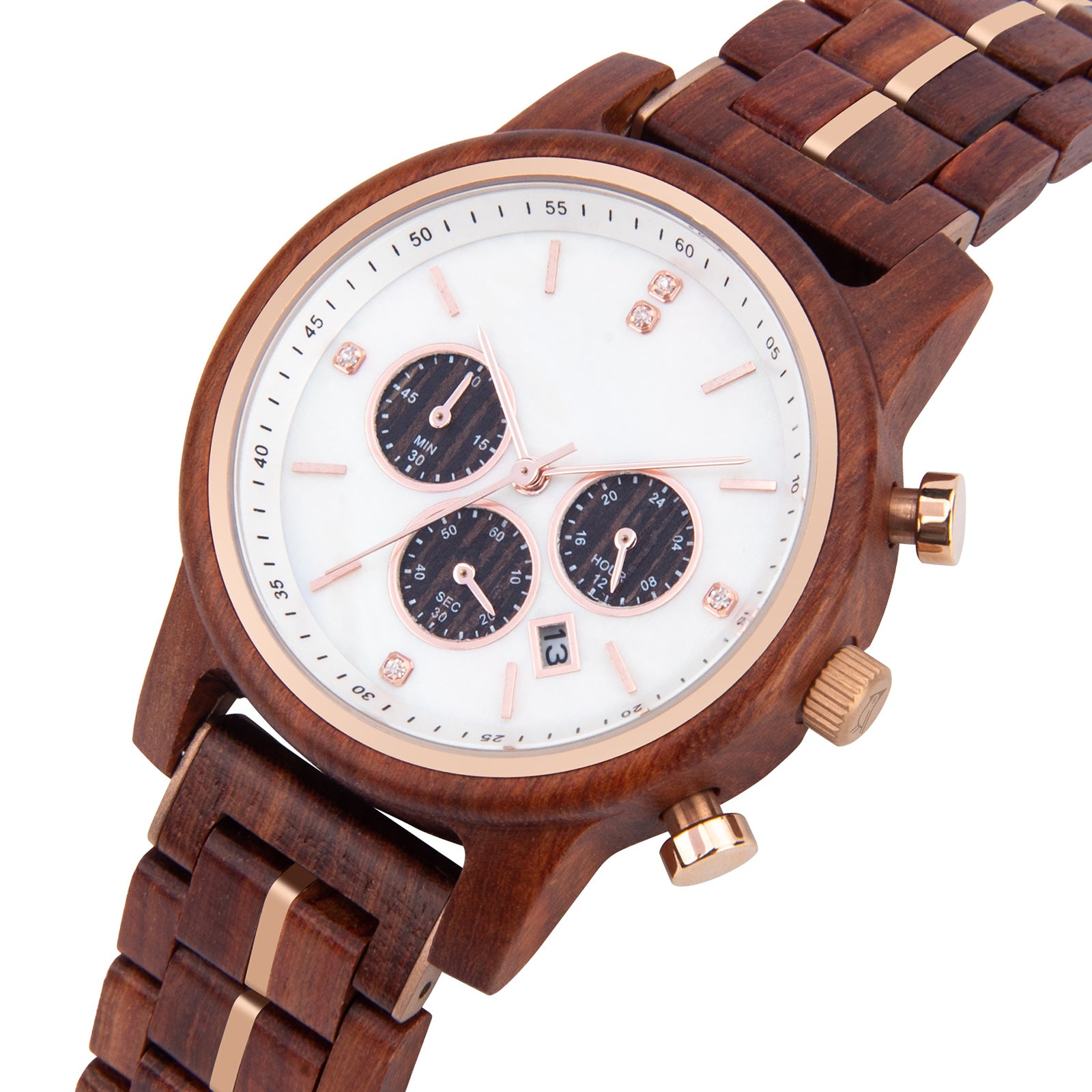 Close-up of a wooden wristwatch with rose gold accents, white dial, and chronograph subdials