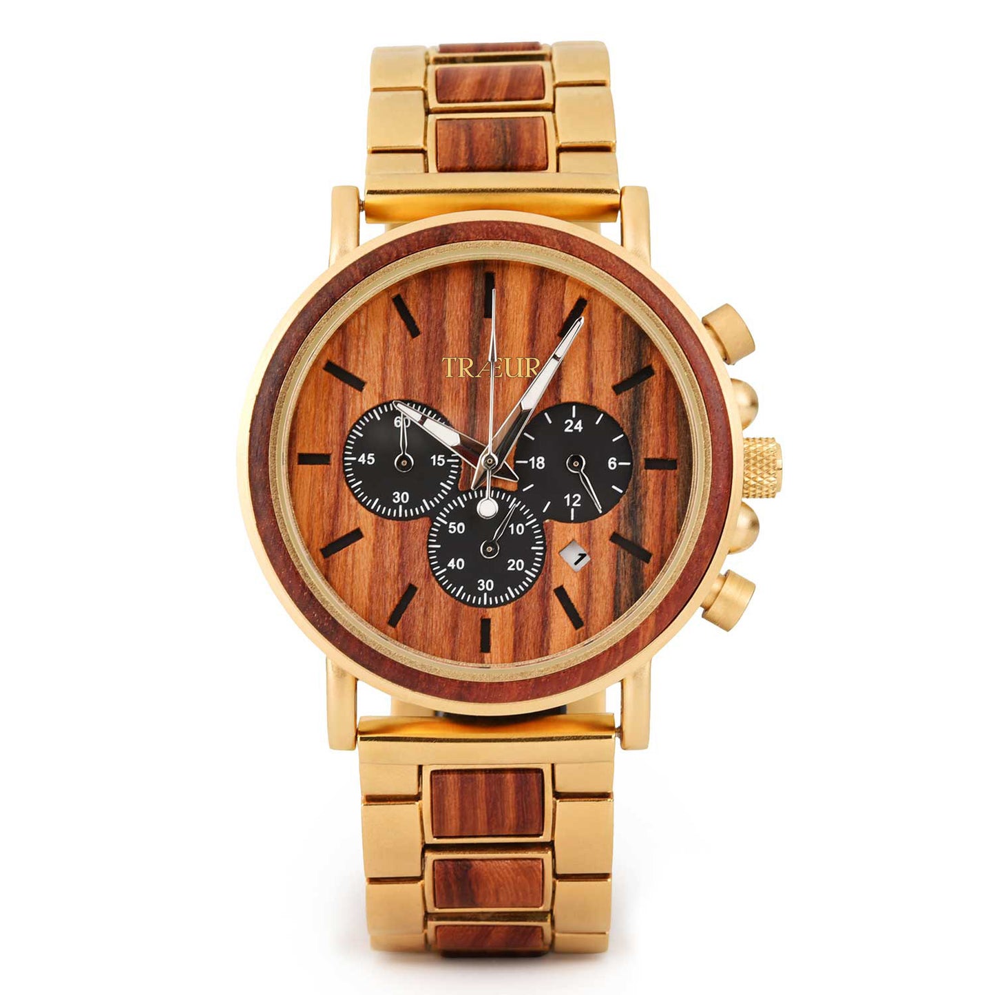 TRÆUR AURUM – Red Sandalwood Gold men’s wooden watch with a 44mm reddish-brown dial, gold-toned accents, and handcrafted red sandalwood case. Features chronograph and calendar functions, combining Scandinavian minimalism with elegant masculine design.