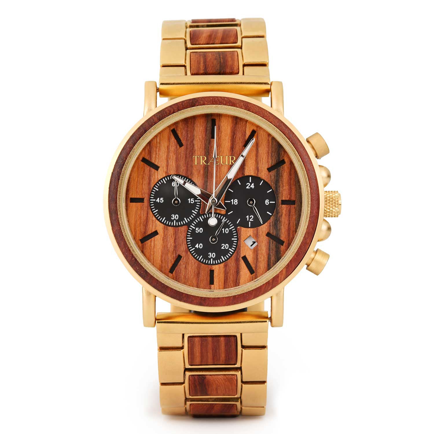 TRÆUR AURUM – Red Sandalwood Gold men’s wooden watch with a 44mm reddish-brown dial, gold-toned accents, and handcrafted red sandalwood case. Features chronograph and calendar functions, combining Scandinavian minimalism with elegant masculine design.