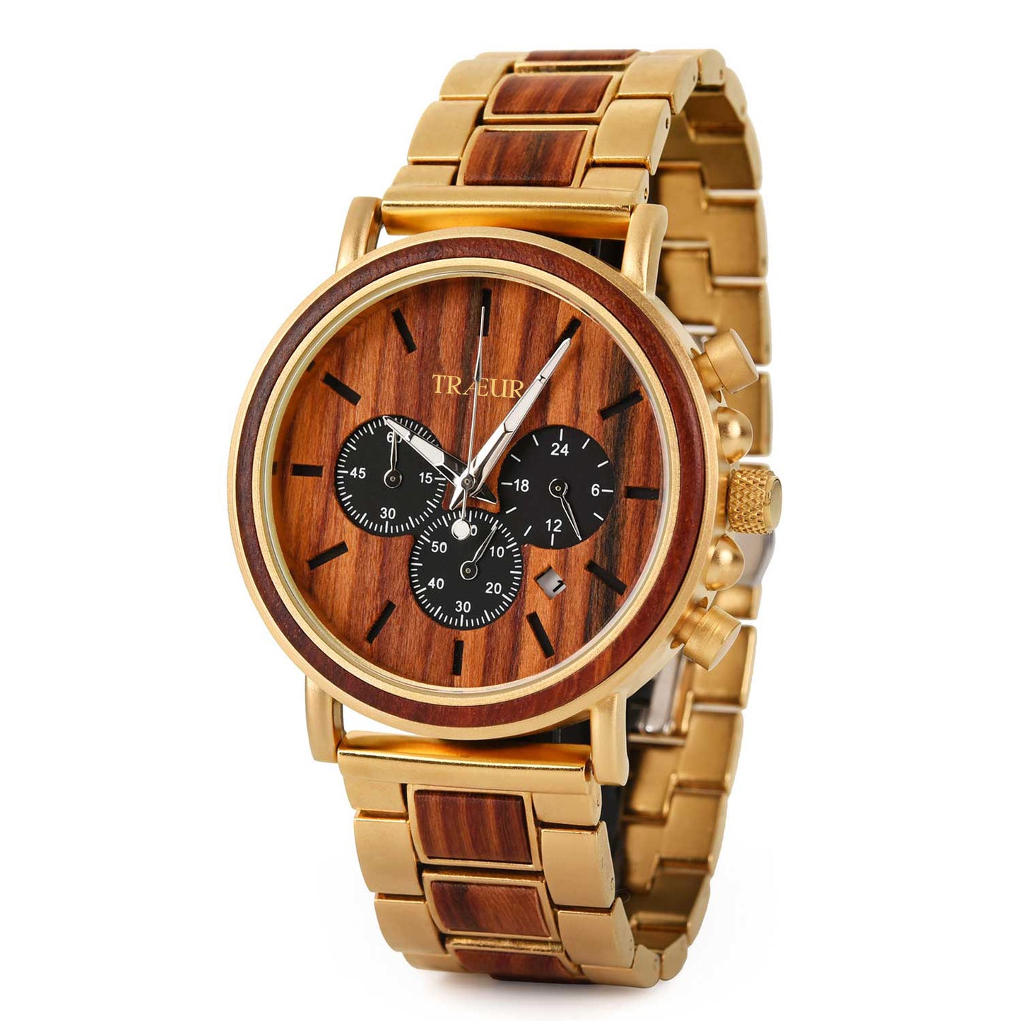 TRÆUR AURUM – Red Sandalwood Gold men’s wooden watch with a 44mm reddish-brown dial, gold-toned accents, and handcrafted red sandalwood case. Features chronograph and calendar functions, combining Scandinavian minimalism with elegant masculine design.