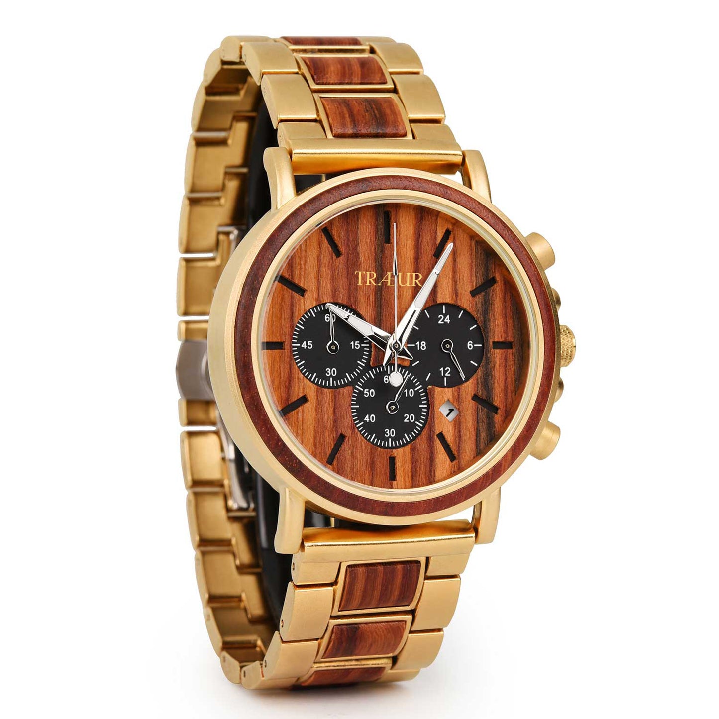TRÆUR AURUM – Red Sandalwood Gold men’s wooden watch with a 44mm reddish-brown dial, gold-toned accents, and handcrafted red sandalwood case. Features chronograph and calendar functions, combining Scandinavian minimalism with elegant masculine design.
