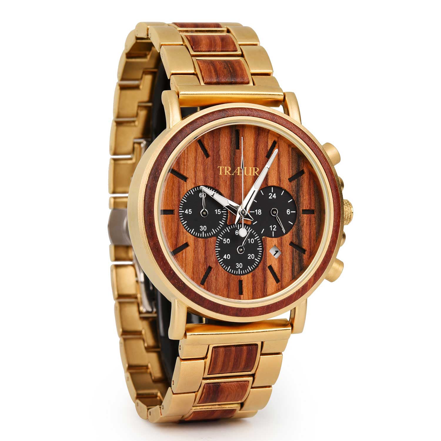 TRÆUR AURUM – Red Sandalwood Gold men’s wooden watch with a 44mm reddish-brown dial, gold-toned accents, and handcrafted red sandalwood case. Features chronograph and calendar functions, combining Scandinavian minimalism with elegant masculine design.