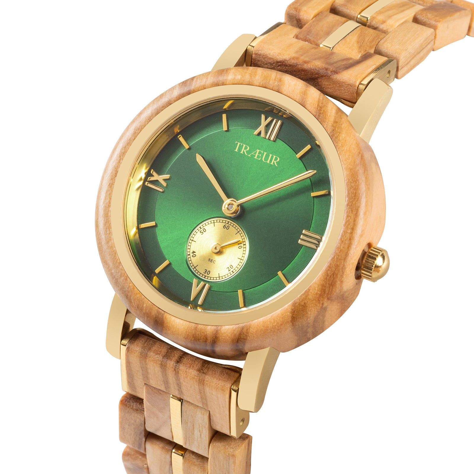 Close-up of wooden wristwatch with green dial, gold accents, and link bracelet