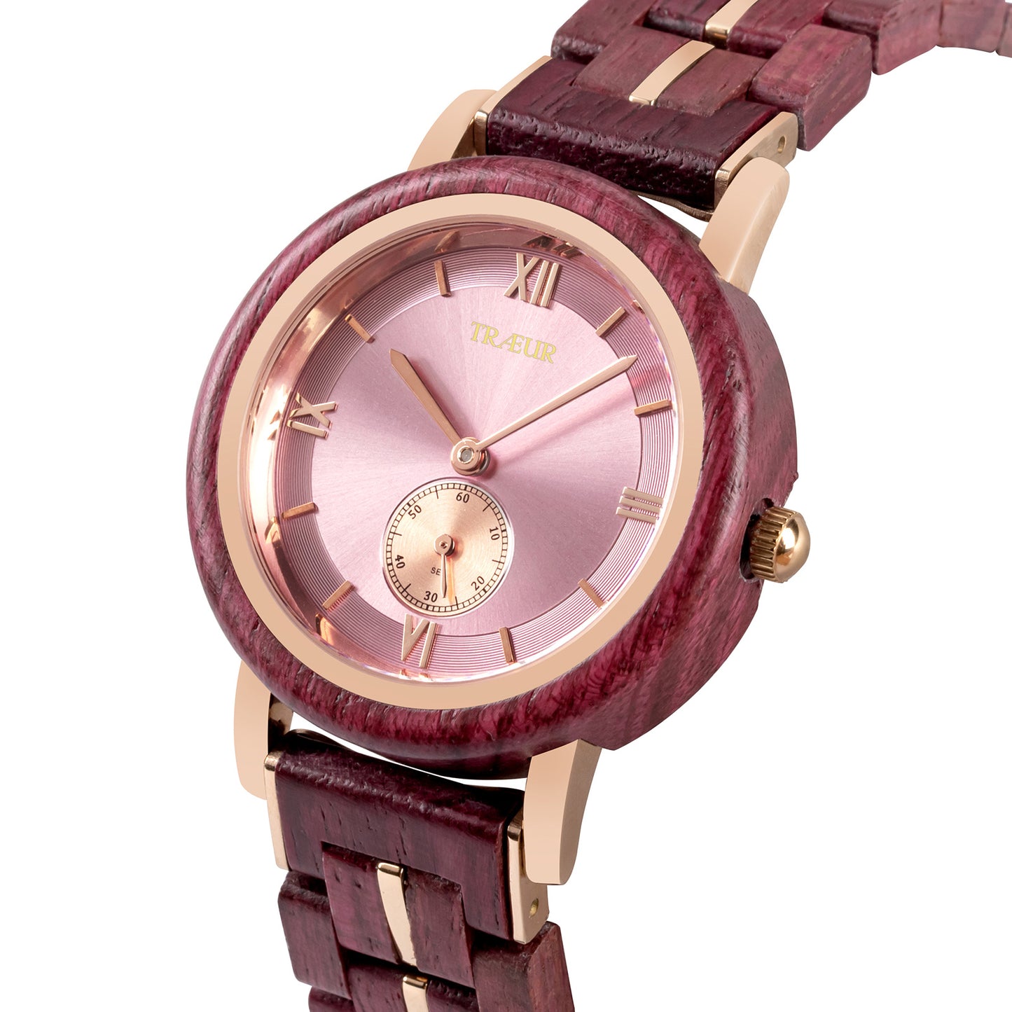 Elegant TRÆUR wristwatch with pink dial, rose gold accents, and dark wood link strap
