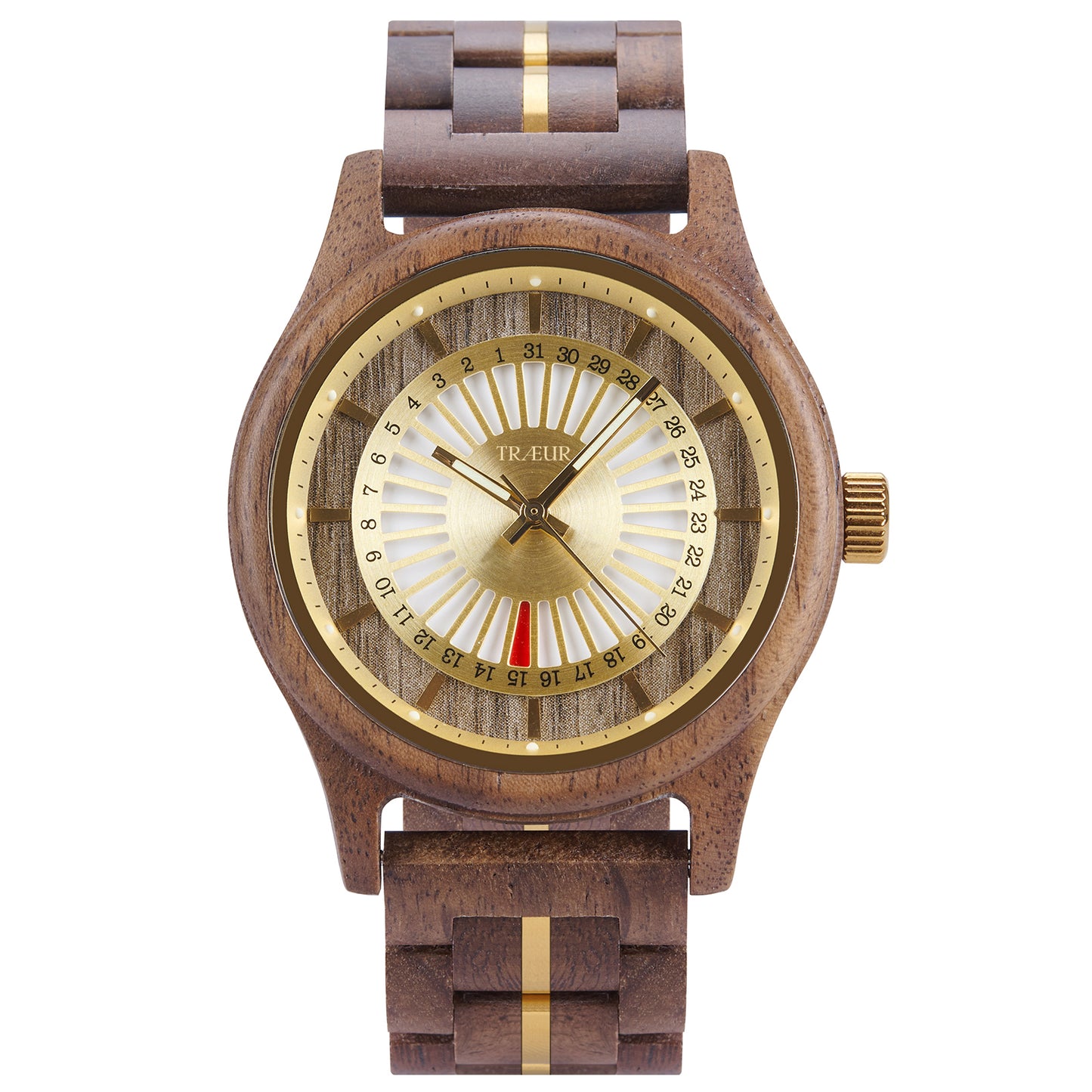 TRÆUR SOL – Walnut Gold men’s wooden watch with a 44mm gold-toned dial, polished stainless-steel accents, and handcrafted walnut wood case. Features calendar functionality, blending Scandinavian minimalist design with natural elegance.