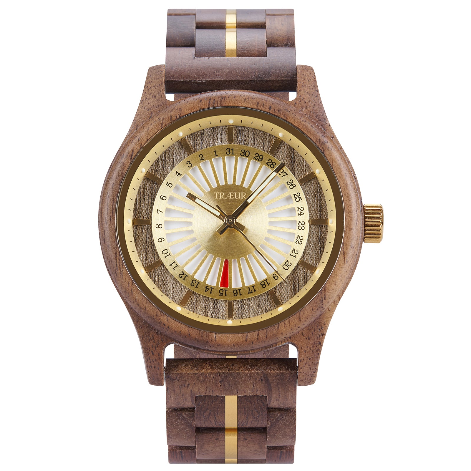 TRÆUR SOL – Walnut Gold men’s wooden watch with a 44mm gold-toned dial, polished stainless-steel accents, and handcrafted walnut wood case. Features calendar functionality, blending Scandinavian minimalist design with natural elegance.