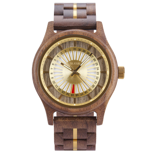 TRÆUR SOL – Walnut Gold men’s wooden watch with a 44mm gold-toned dial, polished stainless-steel accents, and handcrafted walnut wood case. Features calendar functionality, blending Scandinavian minimalist design with natural elegance.