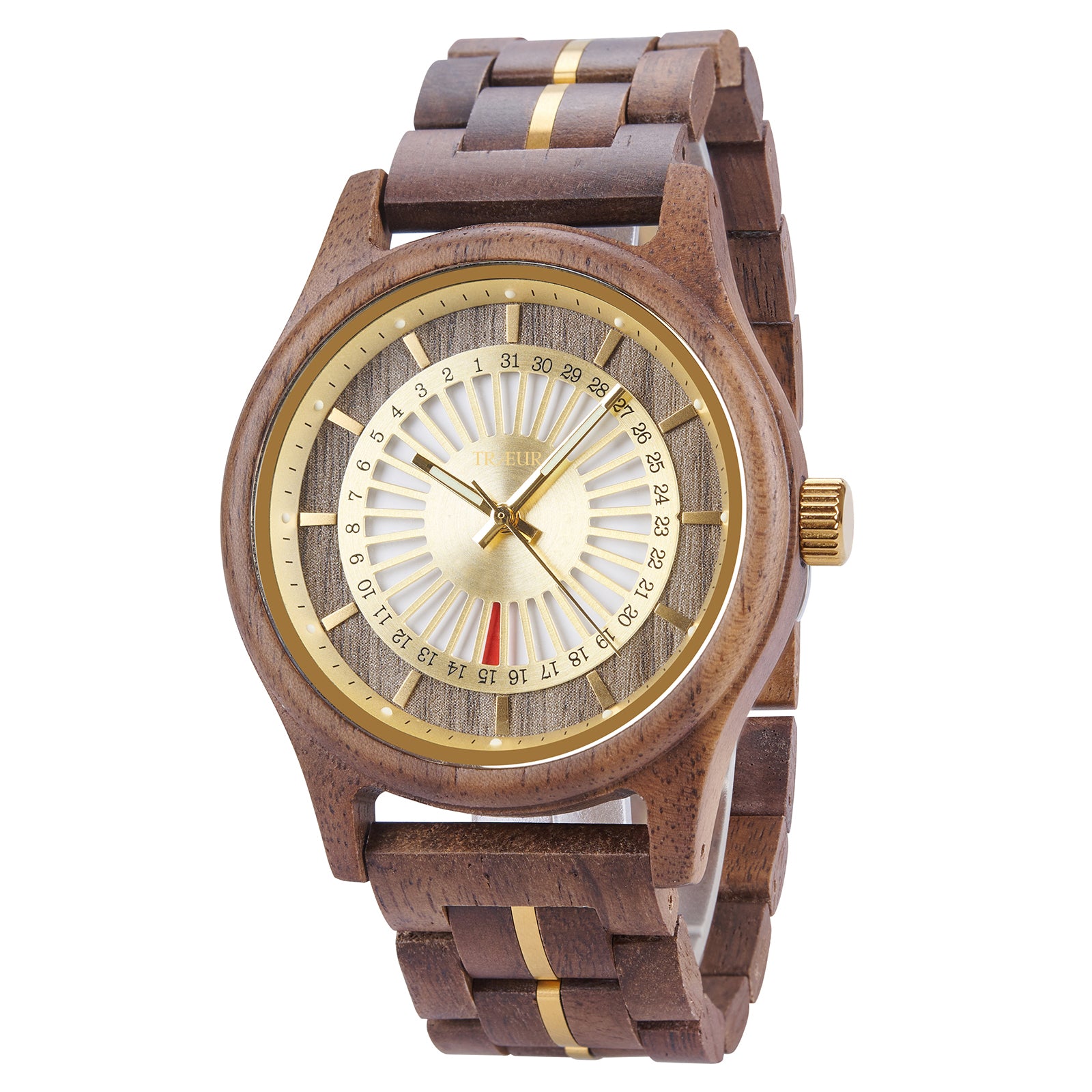 TRÆUR SOL – Walnut Gold men’s wooden watch with a 44mm gold-toned dial, polished stainless-steel accents, and handcrafted walnut wood case. Features calendar functionality, blending Scandinavian minimalist design with natural elegance.