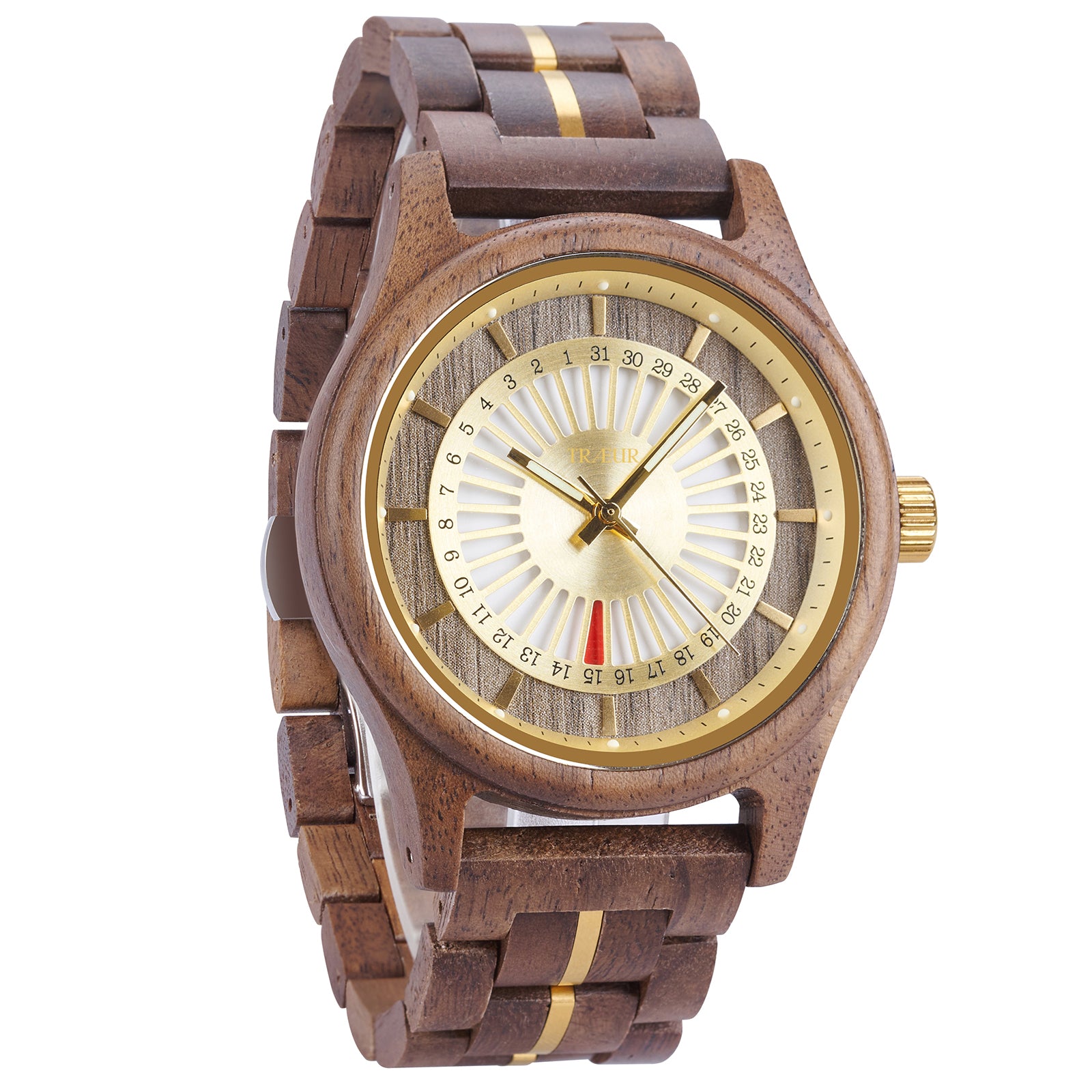 TRÆUR SOL – Walnut Gold men’s wooden watch with a 44mm gold-toned dial, polished stainless-steel accents, and handcrafted walnut wood case. Features calendar functionality, blending Scandinavian minimalist design with natural elegance.