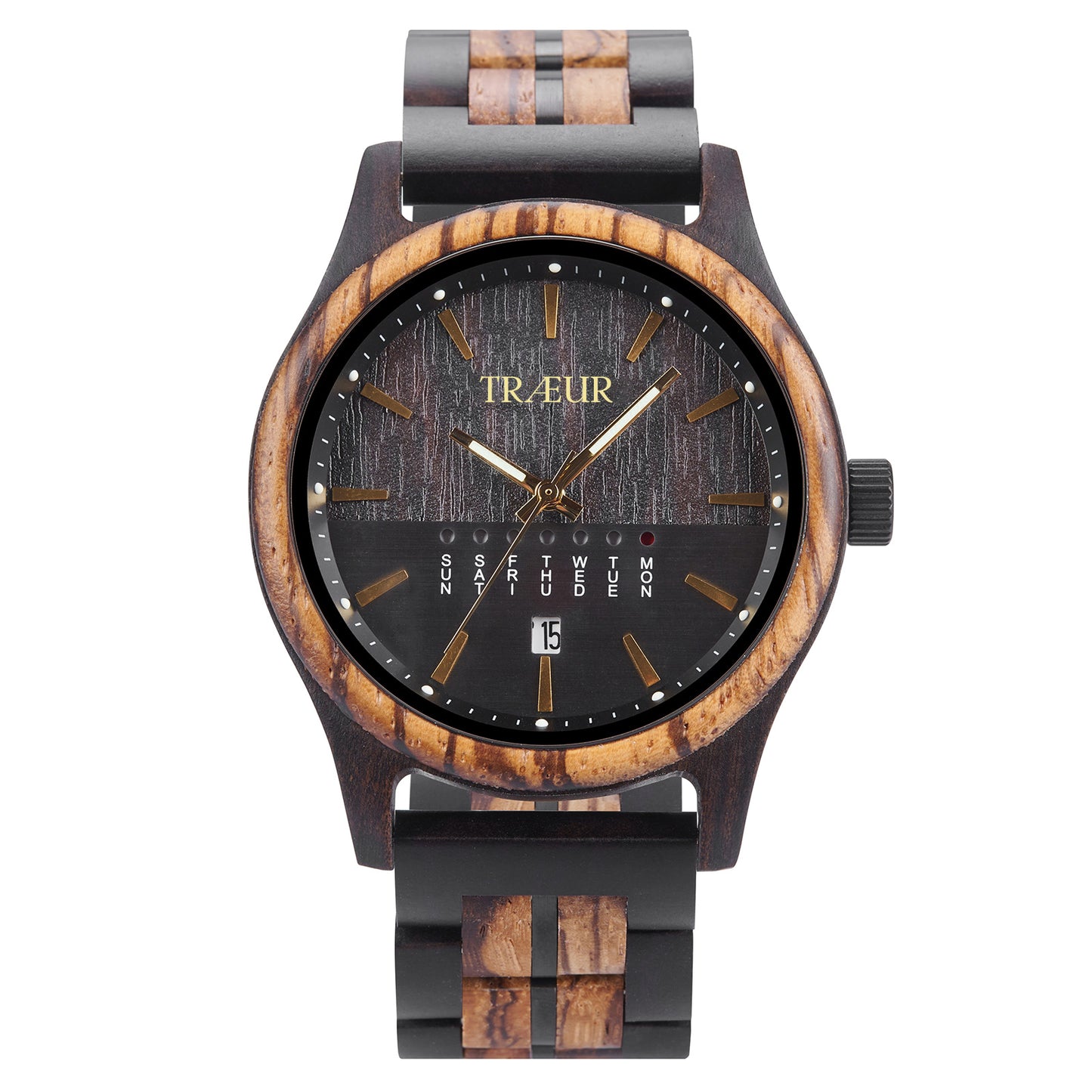 Men's wristwatch with dark wood and light wood grain design, black dial featuring day and date display