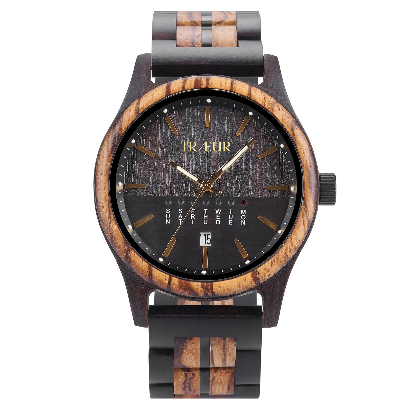 Men's wristwatch with dark wood and light wood grain design, black dial featuring day and date display