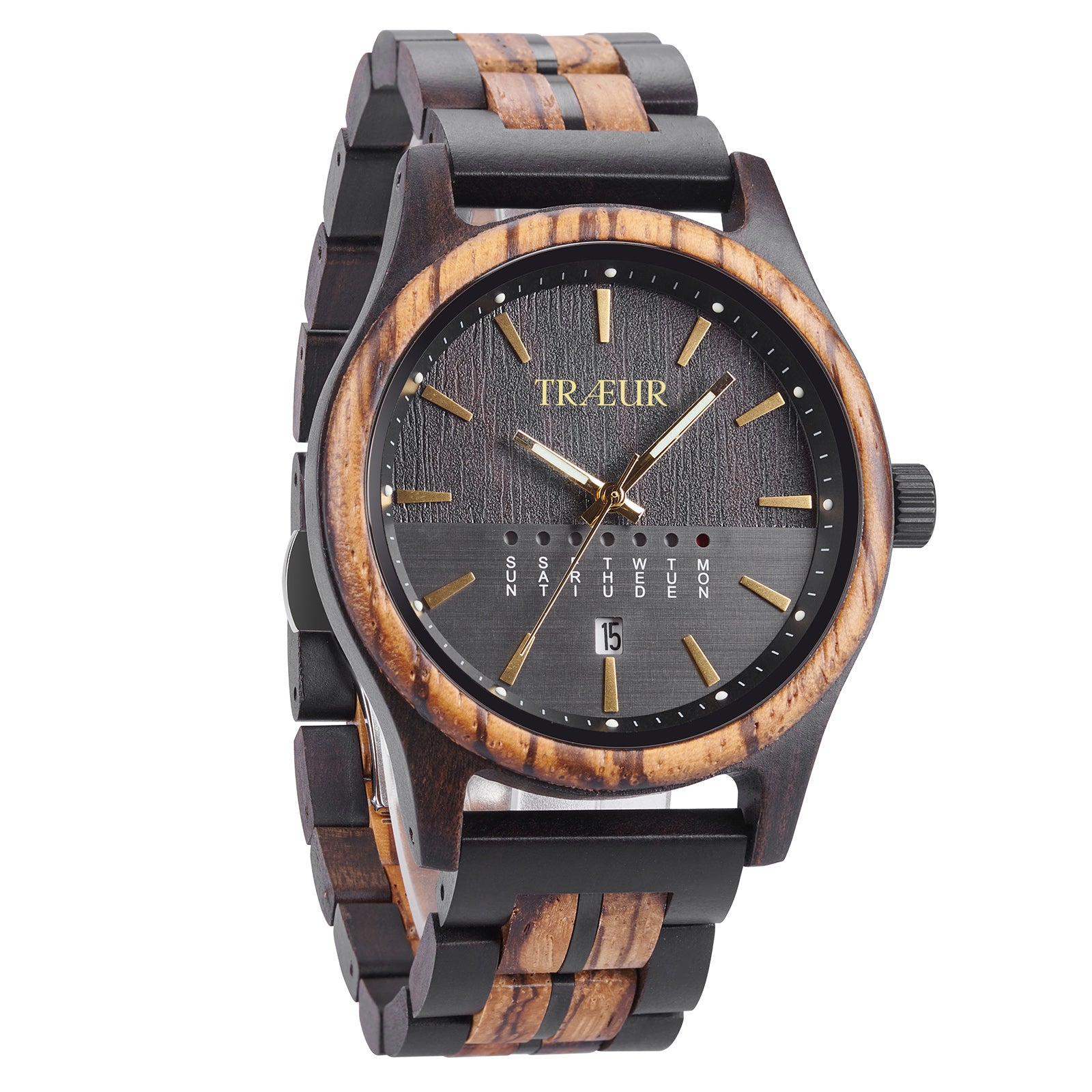 Men's wooden wristwatch with black and wood grain band, dark textured dial, gold markers, and date display