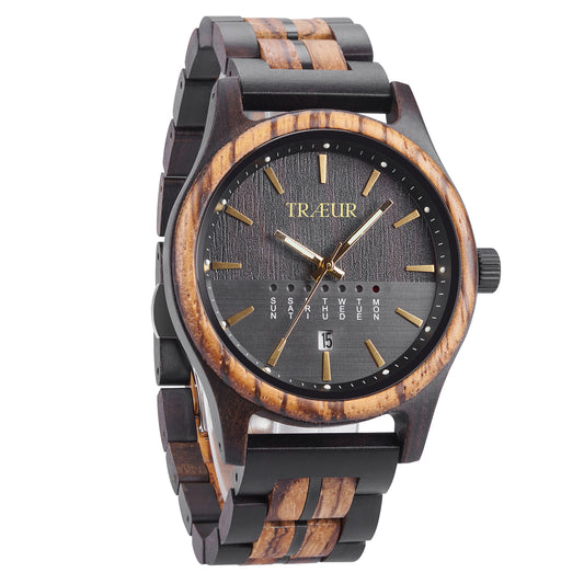 Men's wooden wristwatch with black and wood grain band, dark textured dial, gold markers, and date display