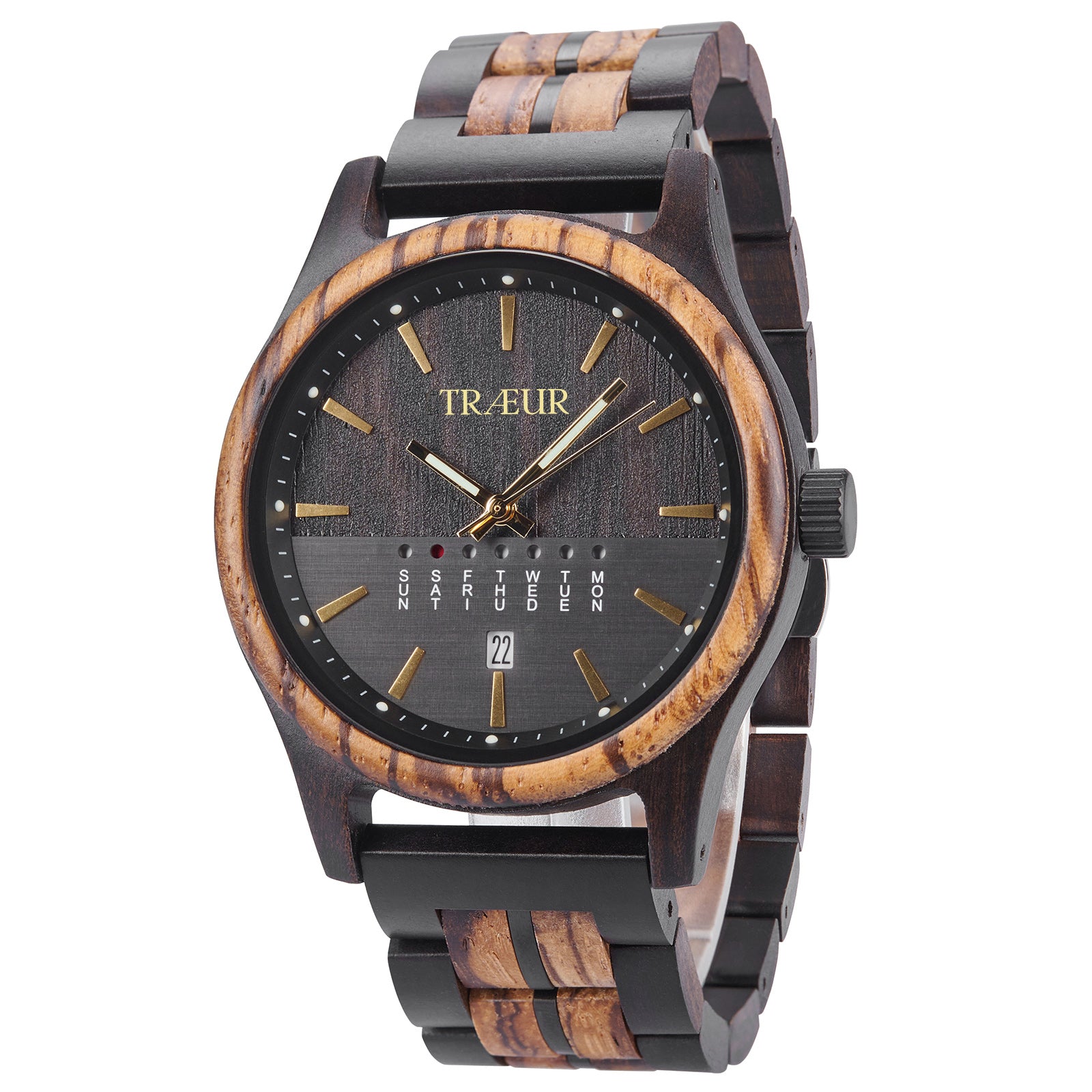 TRÆUR wooden wristwatch with dark and light wood tones, golden hour markers, and date display