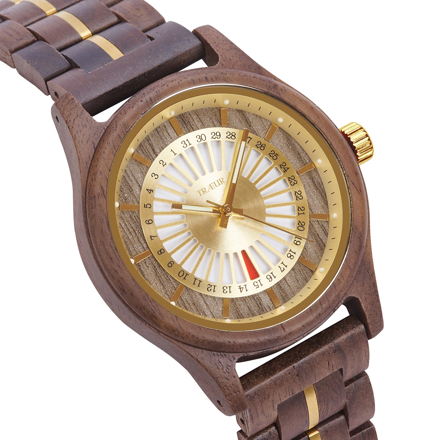 TRÆUR SOL – Walnut Gold men’s wooden watch with a 44mm gold-toned dial, polished stainless-steel accents, and handcrafted walnut wood case. Features calendar functionality, blending Scandinavian minimalist design with natural elegance.