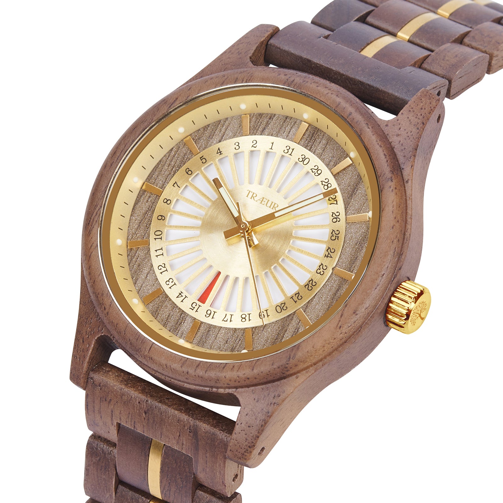 TRÆUR SOL – Walnut Gold men’s wooden watch with a 44mm gold-toned dial, polished stainless-steel accents, and handcrafted walnut wood case. Features calendar functionality, blending Scandinavian minimalist design with natural elegance.