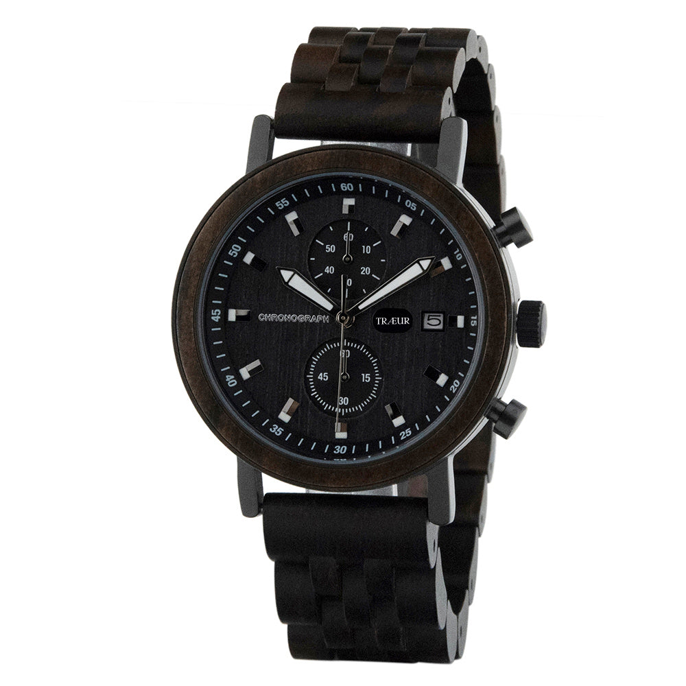 Black wooden chronograph wristwatch with dark dial, date display, and linked band