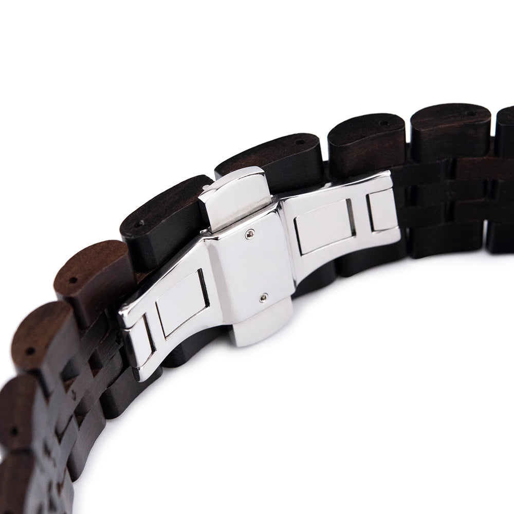 Dark wooden watch band with stainless steel butterfly clasp on white background