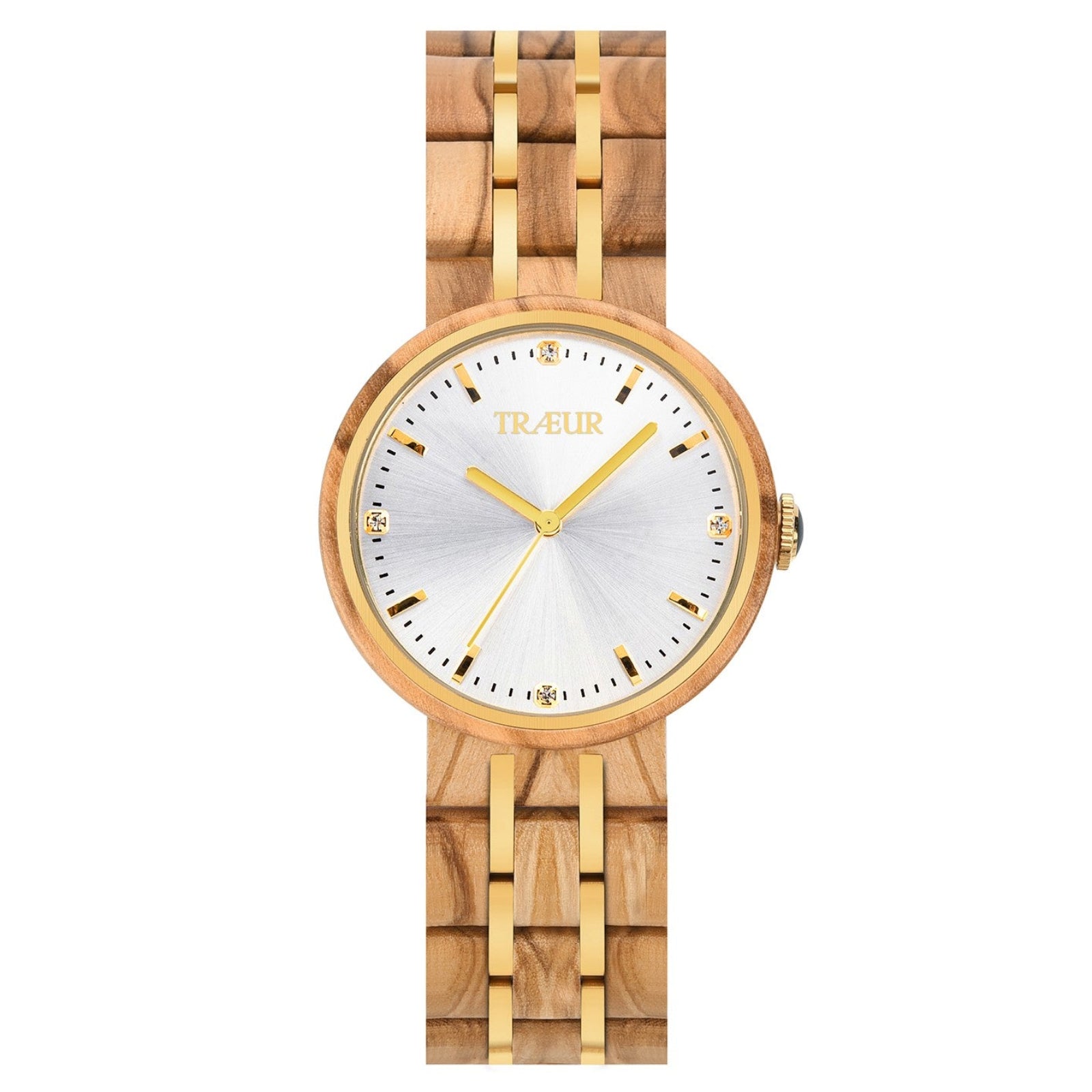 TRÆUR SOLINA Olive Dawn women’s wooden watch with olive wood case, white dial with golden highlights, stainless-steel accents, 38mm case.