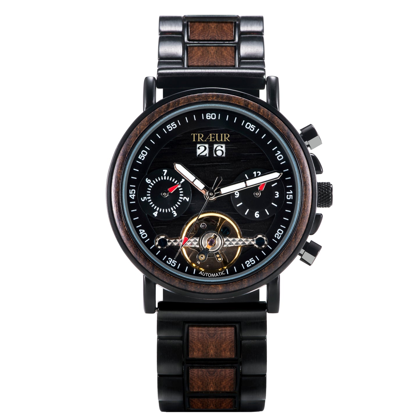 TRÆUR men's automatic wristwatch with black and wood design, chronograph dials, and date display