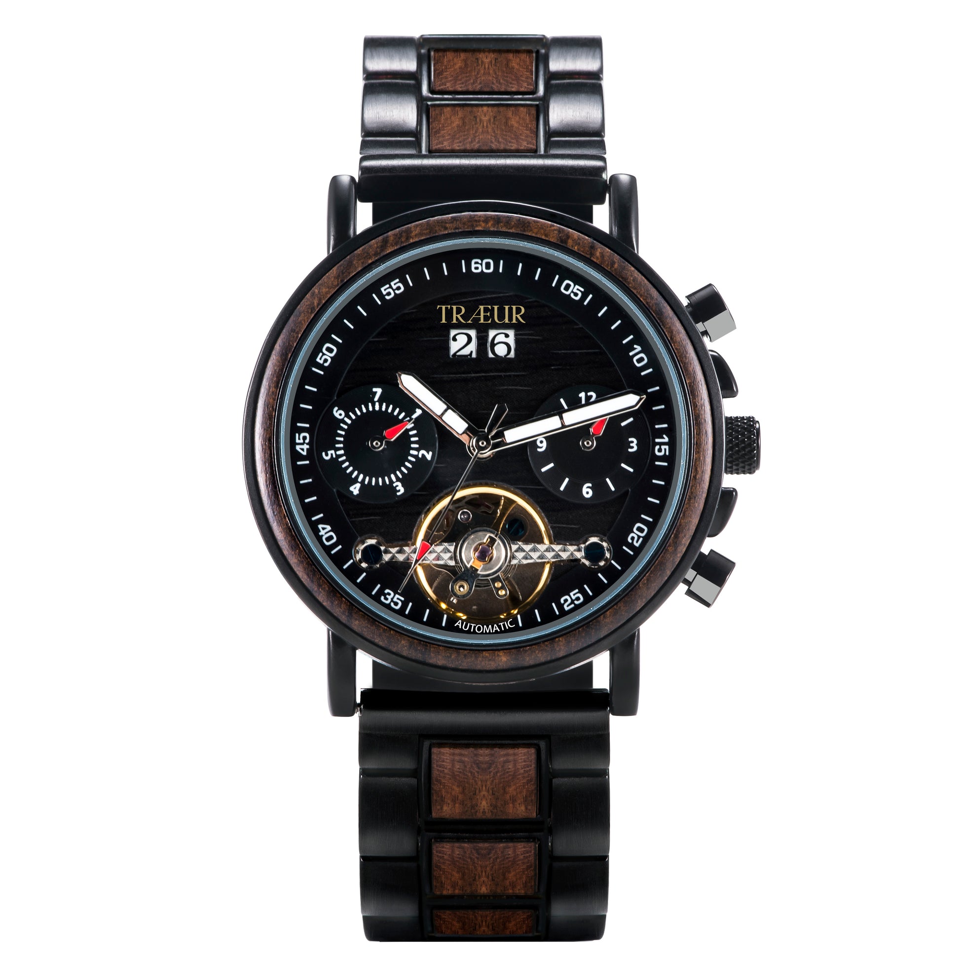 TRÆUR men's automatic wristwatch with black and wood design, chronograph dials, and date display