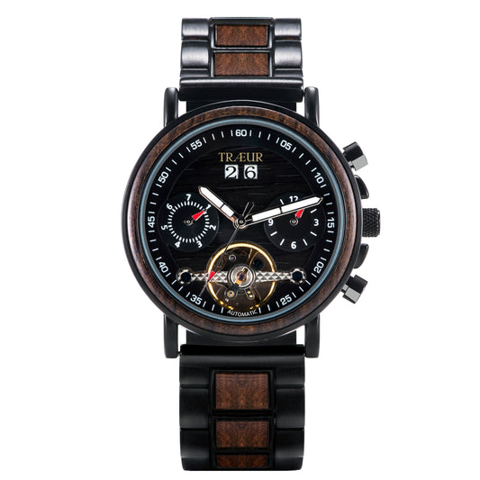 TRÆUR men's automatic wristwatch with black and wood design, chronograph dials, and date display