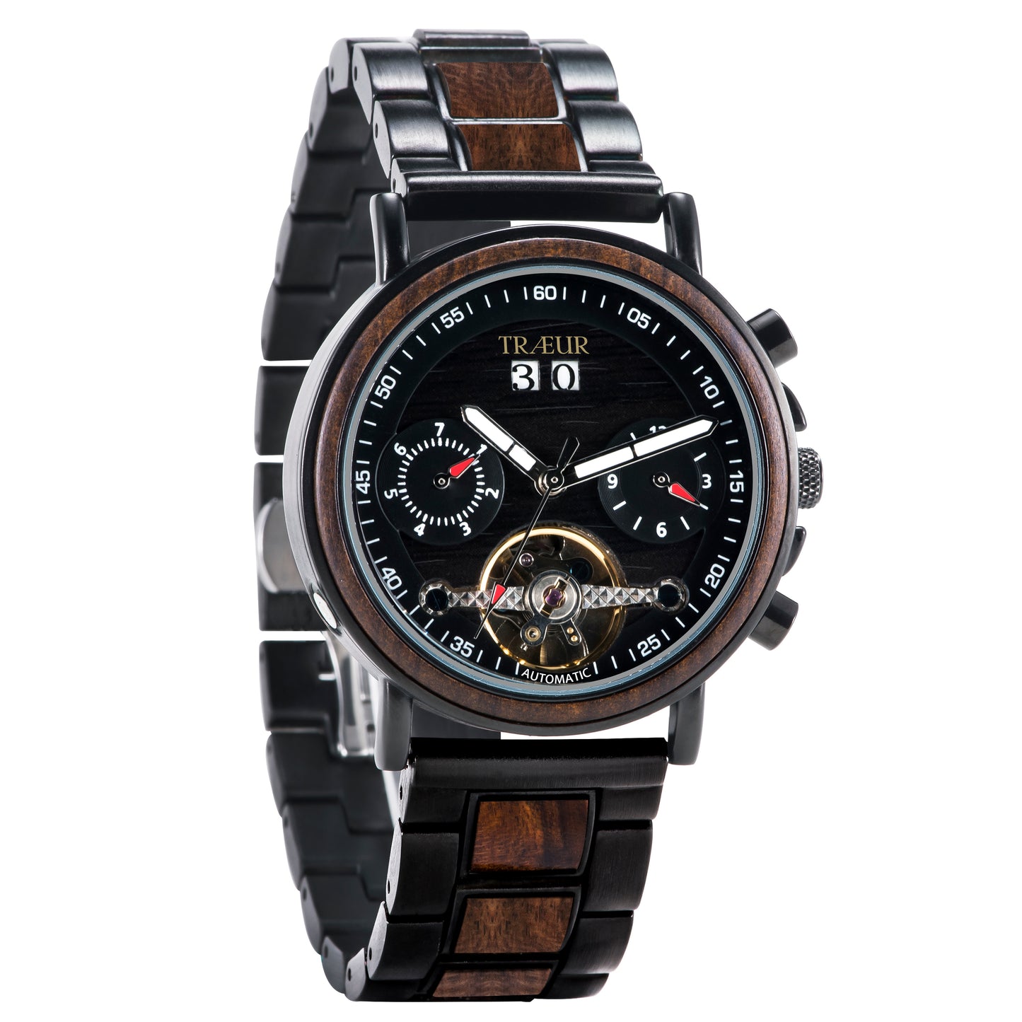 TRAEUR automatic wristwatch with black dial, wood accents, date display, and metal-wood band