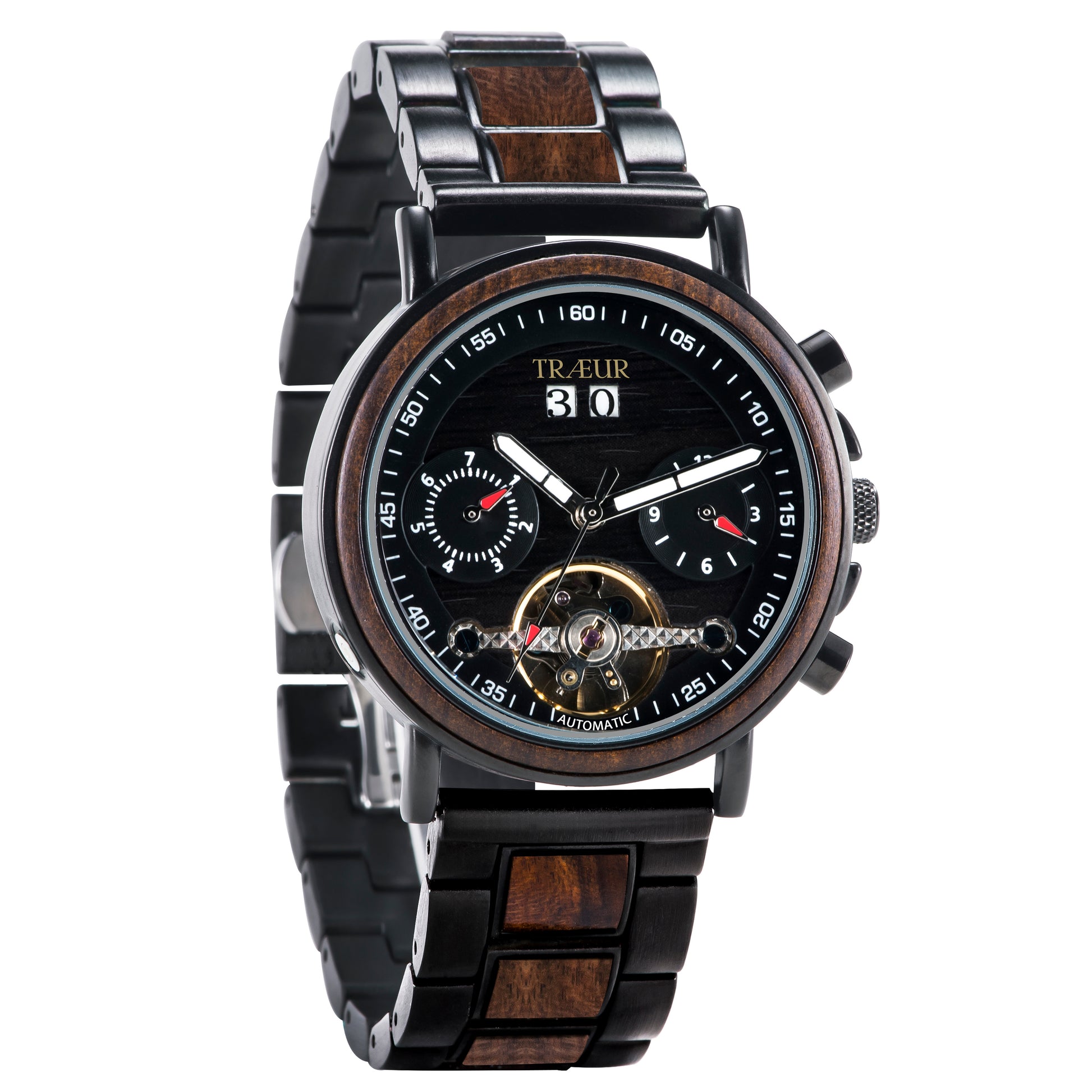 TRAEUR automatic wristwatch with black dial, wood accents, date display, and metal-wood band