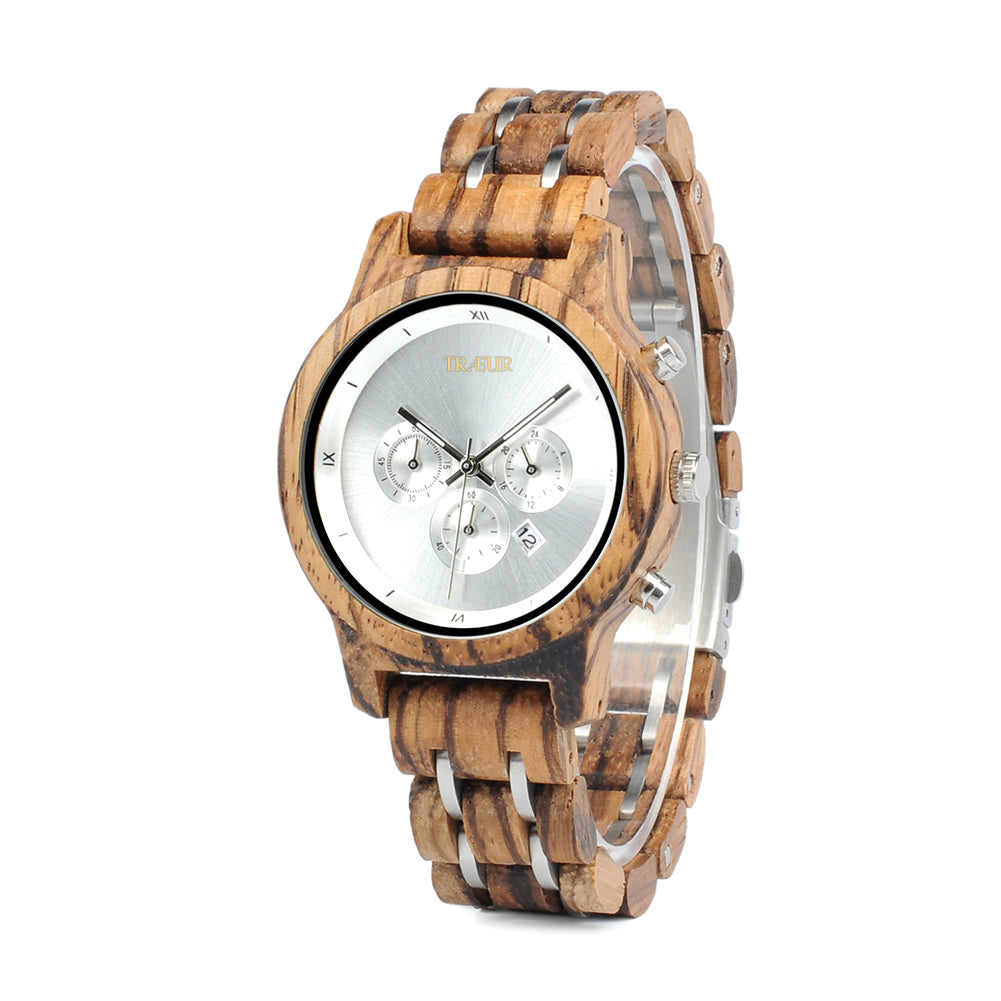 Wooden watch with a silver face on a white background