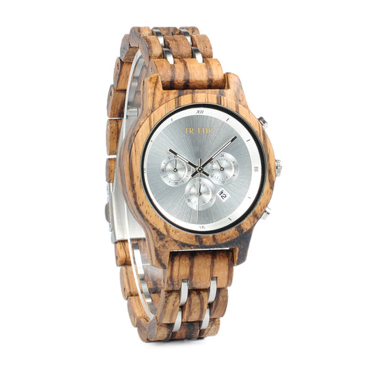 Wooden watch with silver face and details on a white background