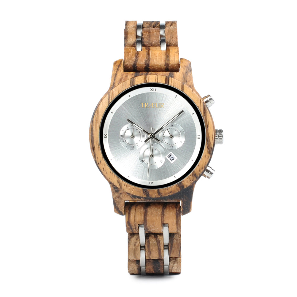 Wooden wristwatch with silver accents on a white background